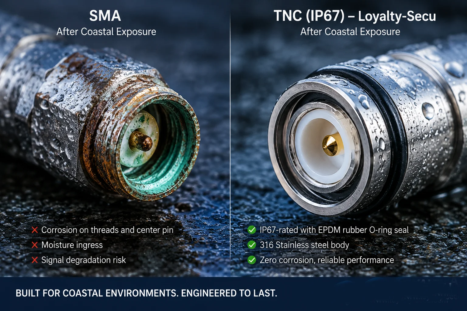 Corroded SMA connector vs sealed TNC connector outdoor comparison