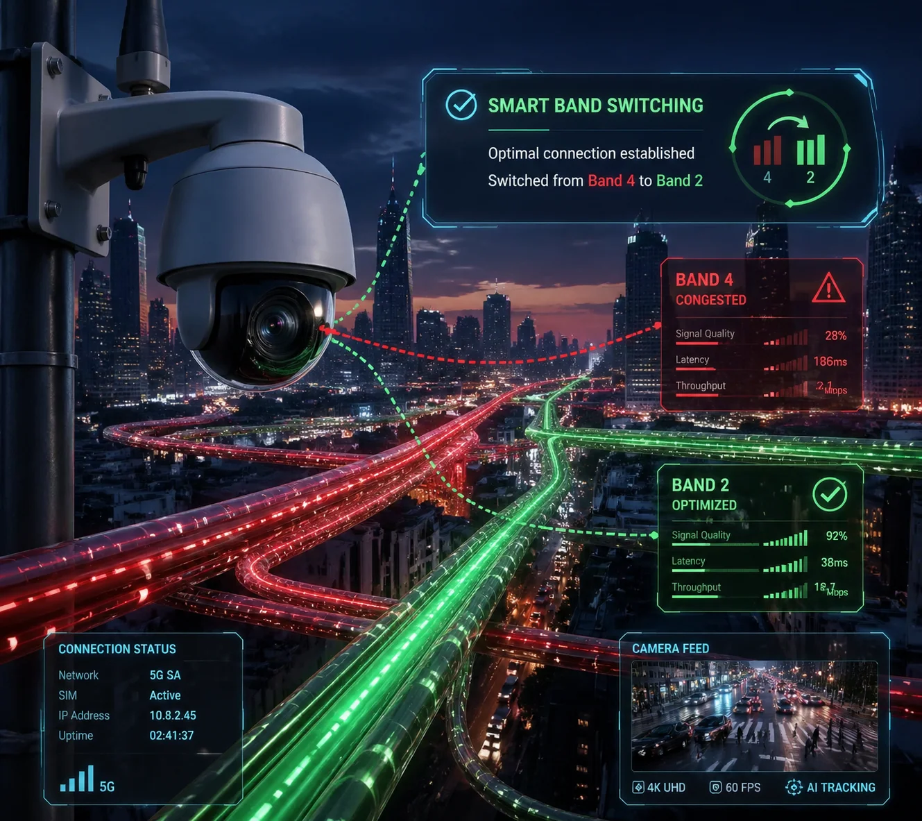 4G PTZ camera automatic band switching B2 B4 congestion handling