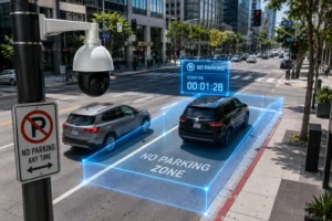 Street-level view of a smart surveillance system monitoring a 'no parking zone,' with digital overlays showing parking duration next to parked vehicles.