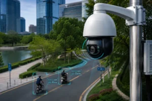 Caméra de surveillance intelligente installée sur un poteau dans une zone urbaine, analysant des cyclistes et un scooter motorisé à l'aide de la technologie de reconnaissance d'objets. Les objets identifiés sont mis en évidence par des superpositions numériques.