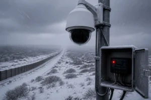 Une caméra de sécurité montée sur un poteau dans un paysage enneigé et isolé à côté d'un long chemin clôturé avec un ciel nuageux au-dessus.