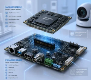 Une vue détaillée d'un module de cœur SoC avec des fonctions d'IA-ISP et de traitement vidéo, flottant au-dessus d'une carte porteuse d'E/S présentant sa conception modulaire avec plusieurs ports, des interfaces à haute vitesse et des options de connectivité dans une configuration de laboratoire technologique.