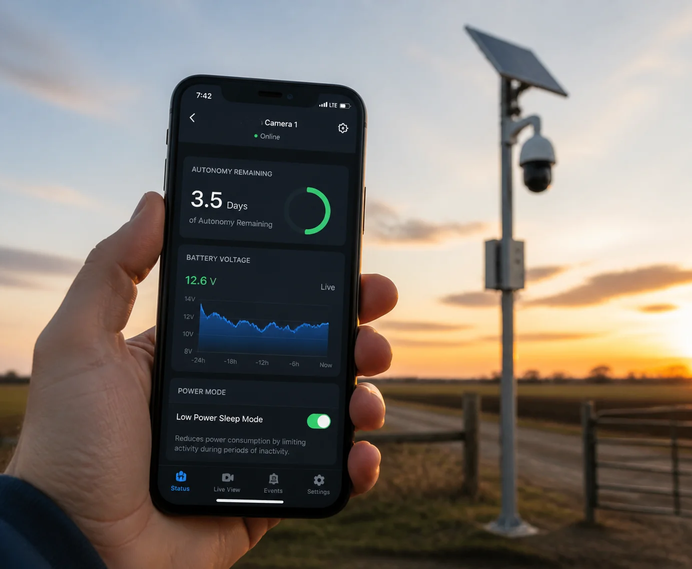 Relatório de autonomia de bateria por firmware para câmera PTZ solar