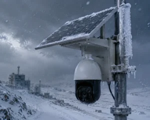 A solar-powered security camera mounted on a pole, covered with ice and surrounded by snowy terrain under a cloudy sky.