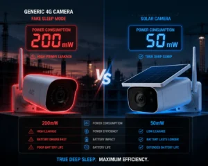 Comparaison côte à côte d'une caméra 4G générique avec une consommation d'énergie élevée et d'une caméra solaire avec une faible consommation d'énergie et un mode de veille profonde.