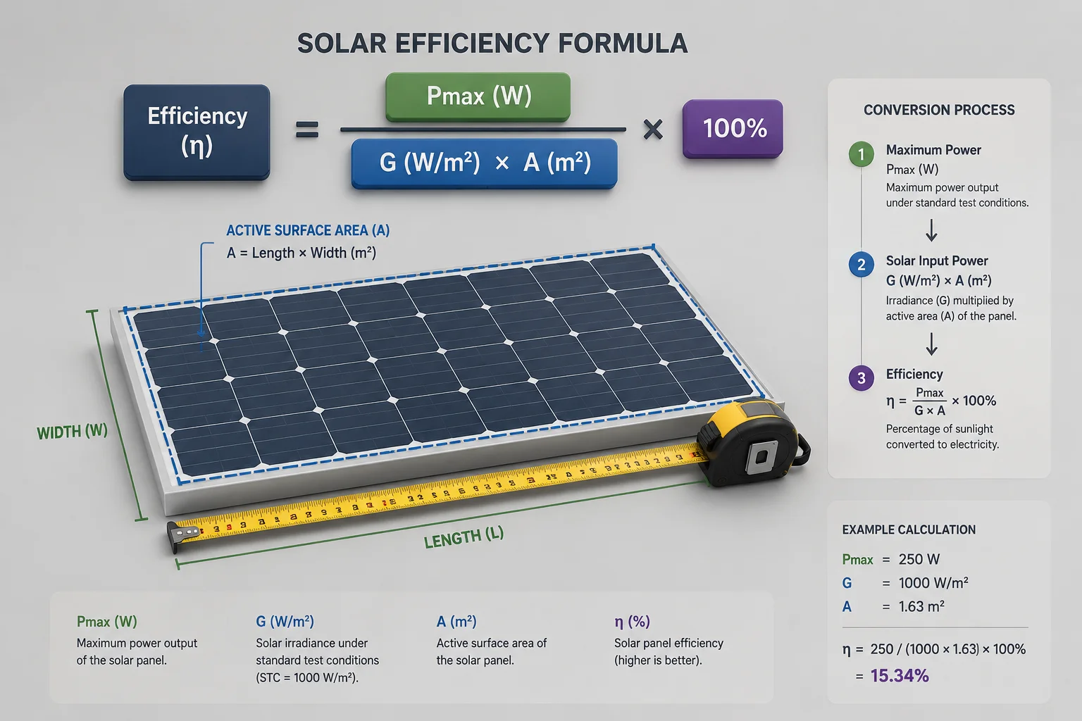 solar panel efficiency calculation dimensions wattage