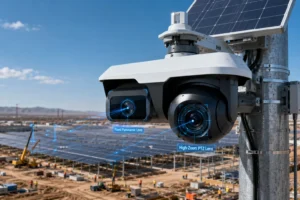 Caméra de surveillance avancée avec objectifs panoramiques fixes et PTZ à zoom élevé montés sur un poteau, surplombant un parc solaire en construction.