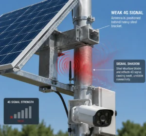 Solar panel mounting structure with a 4G antenna experiencing weak signal due to obstruction by heavy steel brackets, with a security camera attached.