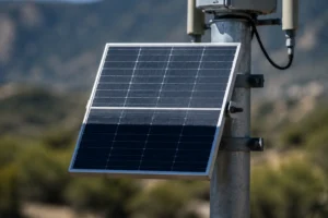 Close-up of a mounted solar panel attached to a cylindrical pole with electrical components, set against a blurred outdoor landscape.