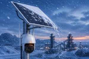 A solar panel partially covered with snow powering a security camera, set against a snowy industrial site during twilight with falling snow.