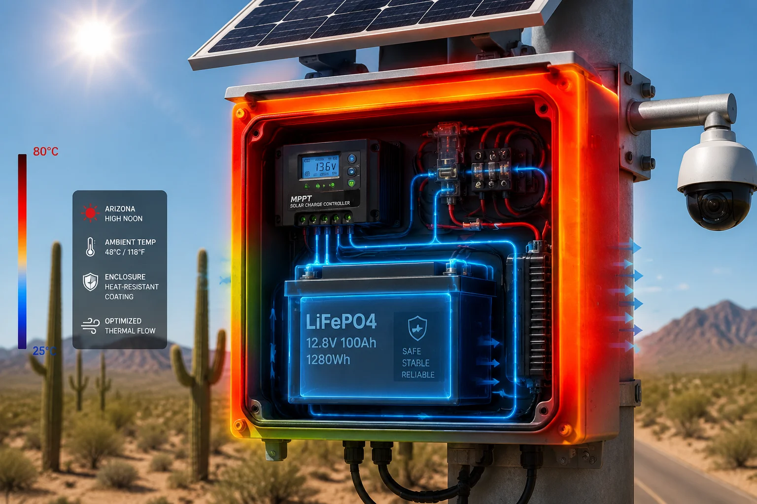 LiFePO4 battery thermal stability in desert solar monitoring enclosure