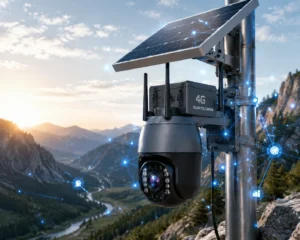 Caméra de sécurité solaire extérieure 4G montée sur un poteau métallique avec des graphiques de réseau numérique environnants dans une vallée montagneuse.