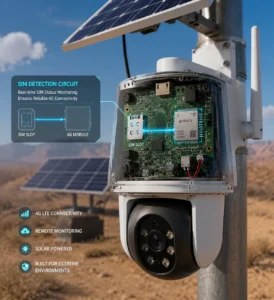 Solarbetriebene Sicherheitskamera mit sichtbaren internen Komponenten, einschließlich einer SIM-Erkennungsschaltung, einem SIM-Steckplatz und einem 4G-Modul in einer abgelegenen Außenumgebung.
