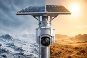 Solar-powered security camera showing durability in extreme weather conditions, split between icy snow and sunny desert landscapes.