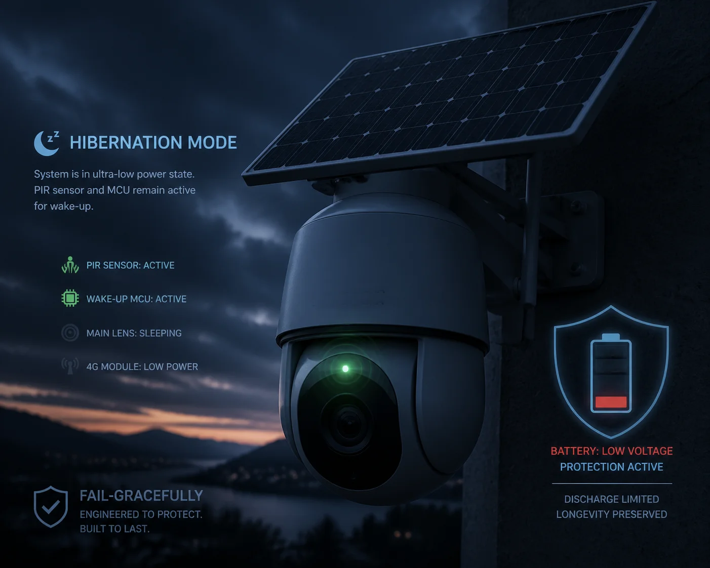 battery low voltage sleep mode 4G PTZ camera solar system