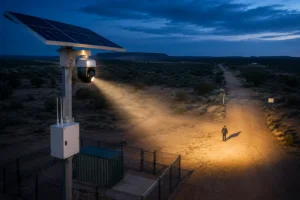 A solar-powered security camera with a focused spotlight illuminating a person near a rural gate at night.