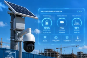 Une caméra de sécurité PTZ alimentée à l'énergie solaire montée sur un poteau, avec une superposition numérique montrant des métriques d'état du système comme le niveau de la batterie, l'état de l'enregistrement et l'efficacité, sur fond de chantier.
