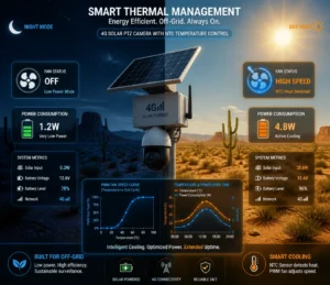 Solarbetriebene PTZ-Kamera mit intelligentem Wärmemanagementsystem, energieeffizientem Betrieb, Tag- und Nachtmodus und intelligenter Kühltechnologie in einer Wüstenumgebung.