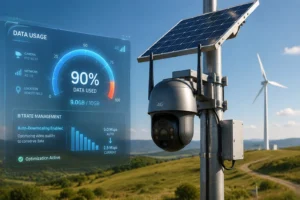 Une caméra de sécurité 4G alimentée à l'énergie solaire montée sur un poteau métallique dans un champ isolé avec une éolienne en arrière-plan, à côté d'un écran numérique affichant l'utilisation des données et la gestion du débit binaire.