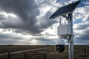 Solar-powered security camera mounted on a pole in a rural area under a cloudy sky, with open land and a dirt path in the background.