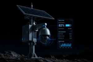 A solar-powered security camera with attached solar panel and digital energy monitoring display showing battery status, power usage, and runtime projections.