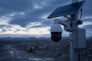 A solar-powered security camera mounted on a pole, overlooking a remote construction site with mountains, cloudy sky, and equipment visible.