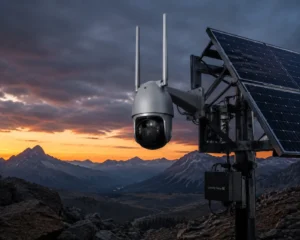 Solar-powered security camera mounted on a pole next to solar panels, overlooking a mountainous landscape during sunset.
