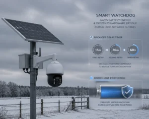 Solar-powered security camera mounted on a pole with a nearby control box, highlighting features like back-off delay timer and brown-out protection. Snow-covered rural background.