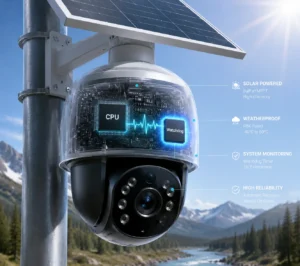 Nahaufnahme einer solarbetriebenen Sicherheitskamera, die im Freien montiert ist und sich durch wetterfestes Design, Systemüberwachung und hohe Zuverlässigkeit auszeichnet.