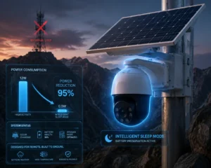 Solarbetriebene Sicherheitskamera, montiert auf einem Mast, mit energieeffizientem Schlafmodus und Details zum Stromverbrauch in einem abgelegenen Berggebiet.