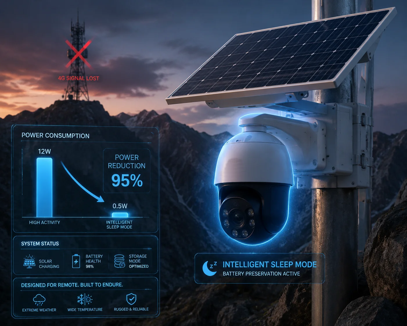 Modo de sueño intermitente inteligente de cámara PTZ solar tras fallo de reconexión
