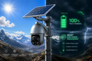 Une caméra de sécurité solaire montée sur un poteau dans un environnement montagneux, montrant des caractéristiques de durabilité et un état de batterie complètement chargé avec une gestion intelligente de la basse consommation.