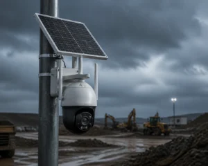 Gros plan d'une caméra de sécurité alimentée par énergie solaire montée sur un poteau sur un chantier de construction avec des véhicules de construction et un ciel nuageux à l'arrière-plan.