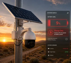 Solar-powered security camera on a pole at sunset with a system status display showing low battery and active solar panel charging.