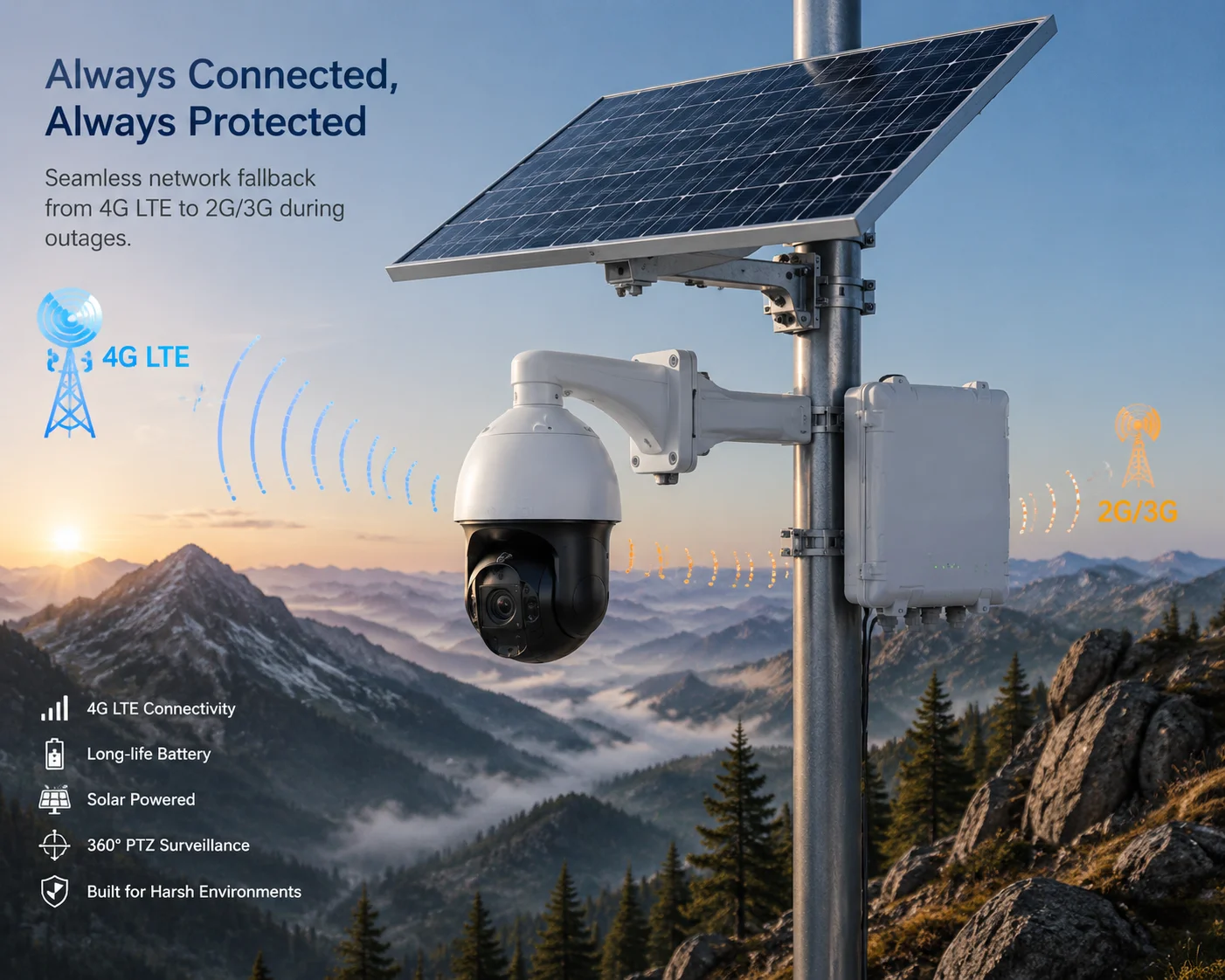 4G LTE solar surveillance camera fallback to 3G 2G network during outages