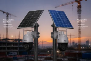 Two solar-powered 4G security cameras on metal poles equipped with monocrystalline and polycrystalline solar panels at a construction site during sunset.