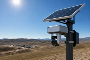 Solar-powered surveillance camera mounted on a pole in a remote area, overlooking a construction site and barren hills under a sunny sky.