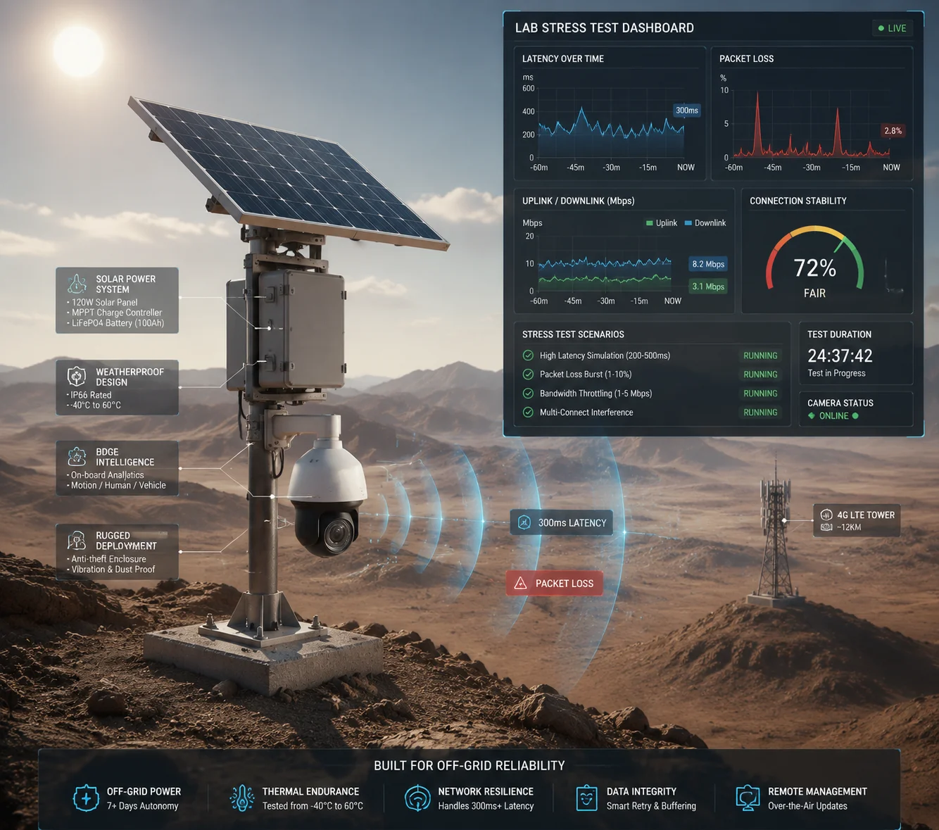 Teste de simulação de latência 4G LTE para câmeras de segurança PTZ solares