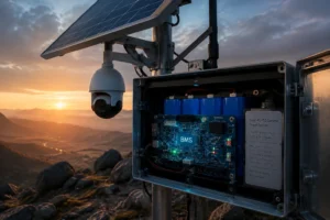 A solar-powered surveillance system featuring an outdoor PTZ camera, battery pack with management system, and rocky landscape at sunset.