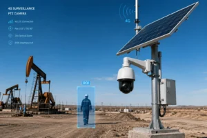 Solar-powered 4G PTZ surveillance camera monitoring an oilfield with visible pumpjacks in the background, showcasing worker detection features.