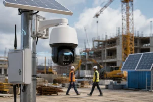 Une caméra de sécurité alimentée à l'énergie solaire, montée sur un poteau avec une antenne et des commandes sans fil, surplombant un chantier de construction actif avec des ouvriers et des machines.