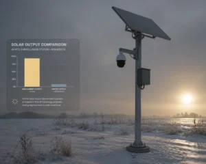 Un système de surveillance alimenté par énergie solaire dans un paysage enneigé avec un graphique comparant la production solaire élevée en été et faible en hiver.
