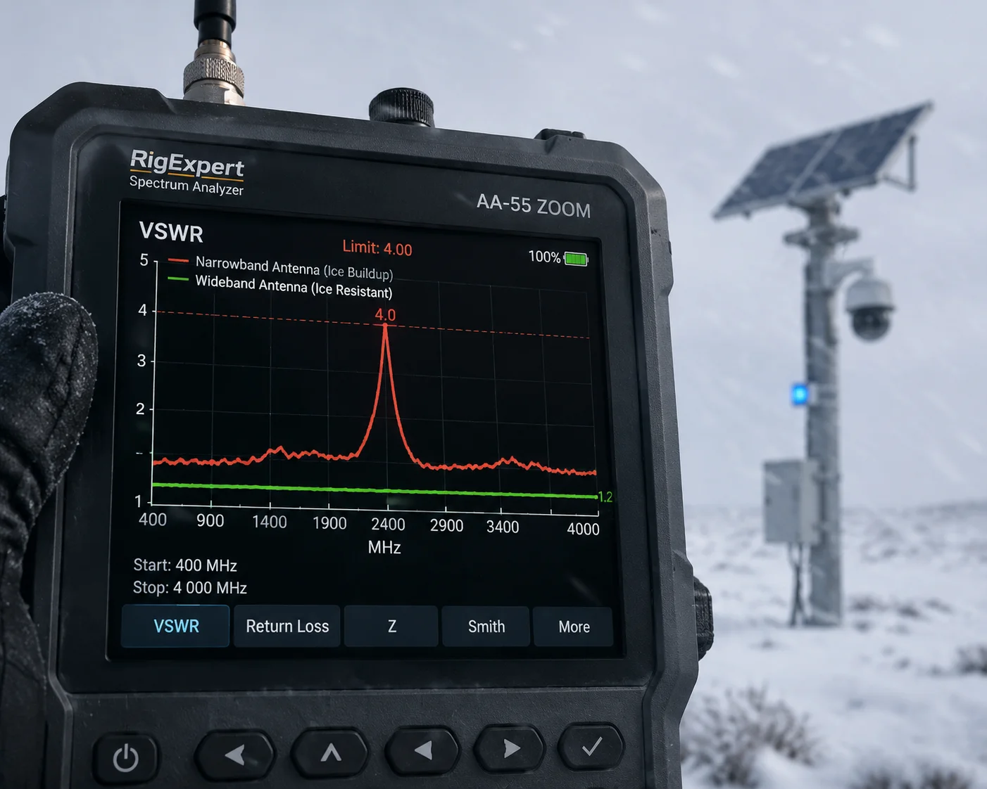 VSWR increase chart showing effect of ice buildup on 4G antenna performance