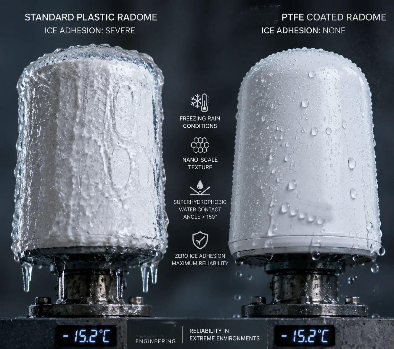 Radome with hydrophobic coating preventing ice buildup on 4G antenna