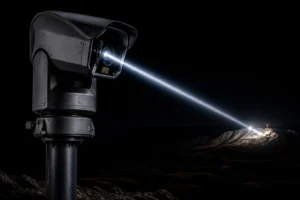 Une caméra de surveillance projetant un faisceau laser lumineux la nuit sur un paysage montagneux, mettant en valeur une technologie avancée.