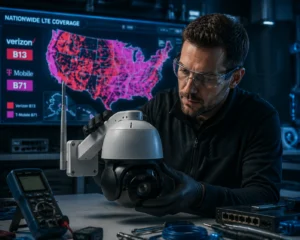 A technician wearing gloves examines a surveillance camera on a table with electronic equipment, in a lab with a nationwide LTE coverage map displayed on a screen in the background.