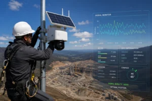 A technician in safety gear installs a solar-powered 4G security camera on a pole, with a digital signal monitor HUD overlay and a mining site in the background.