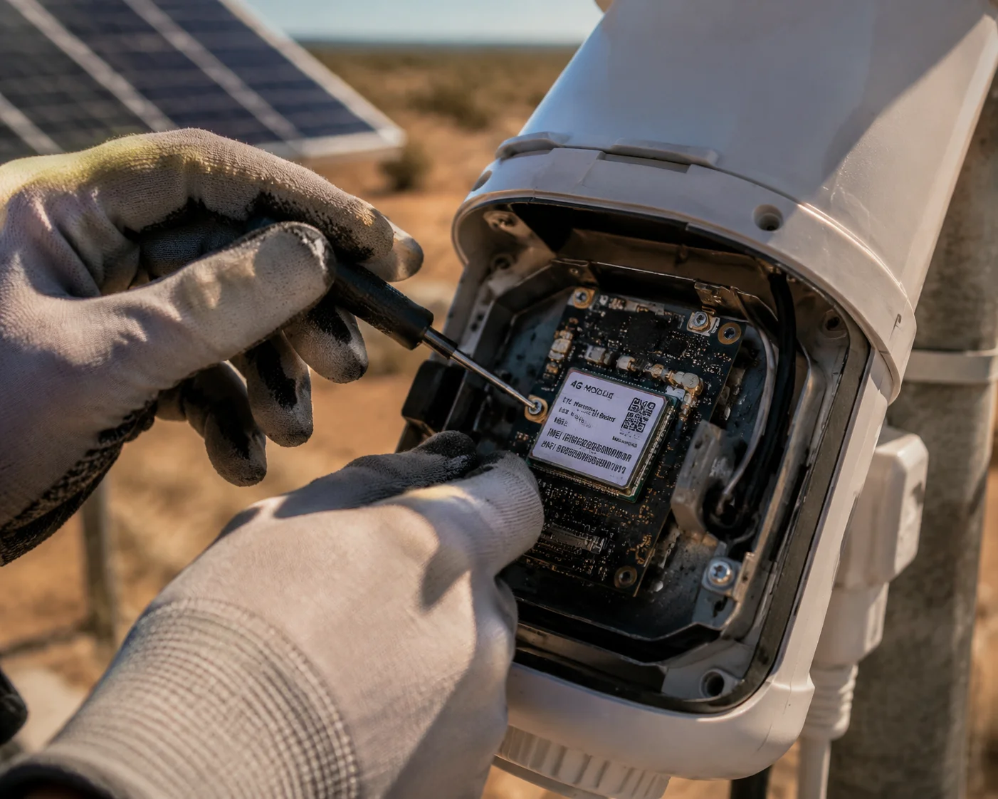 Técnico de campo sustituyendo el módulo Mini-PCIe 4G de una cámara solar PTZ
