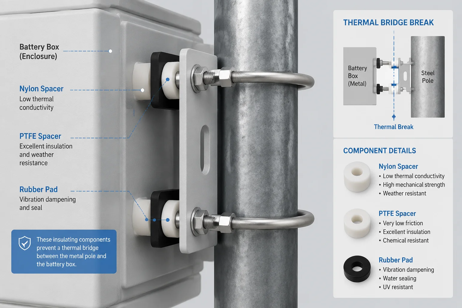 isolamento de ponte térmica espaçadores isolantes caixa de bateria montagem em poste