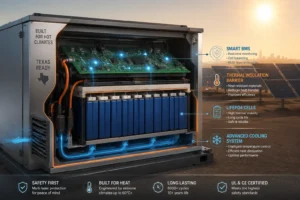 Close-up of an advanced battery system with thermal insulation, LiFePO4 cells, cooling system, and a circuit board, built for extreme heat.